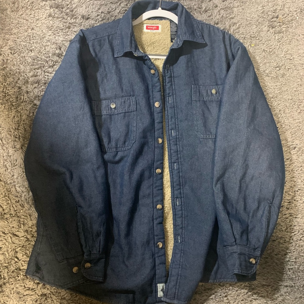 Wrangler Men's Size Large Denim Jean Shirt Jacket Faux Sherpa Lined Button Up